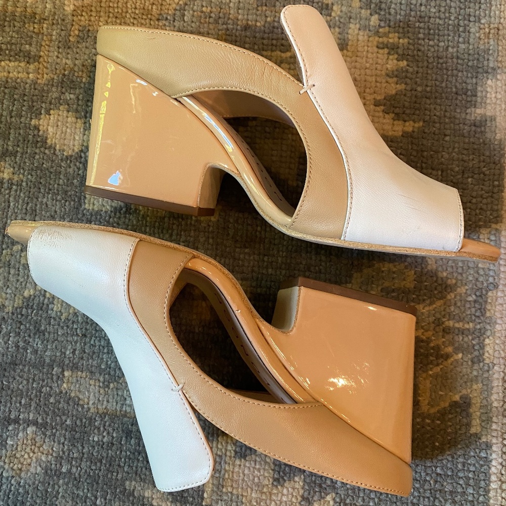 Glam Nude and white patent mules